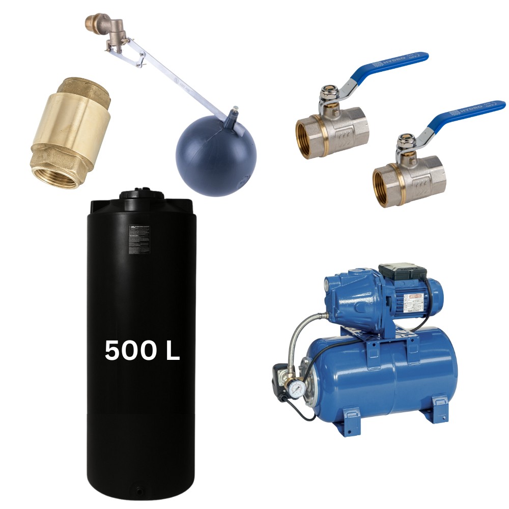Kit „Drinking water 500L“ with water tank Mavil (black, cylindrical) and hydrophore pump Speroni | Drinking water storage tanks / Potable water tanks |  |