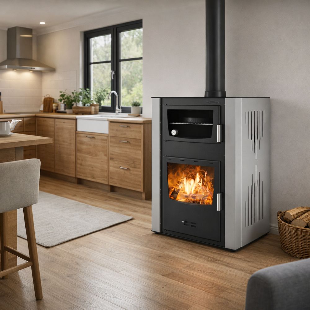 Wood burning stove with back boiler and oven Balkan Energy ATS HYDRO ΜΑSΙΝΑ 90-30, 35kW | Wood Burning Stoves With Oven | Wood Burning Stoves |