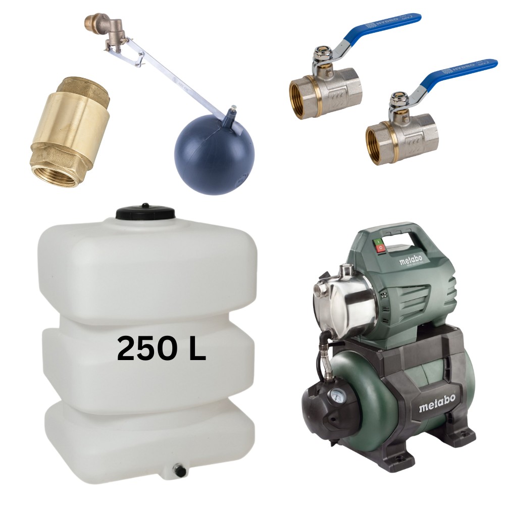 Kit „Drinking water 250L“ with water tank Mavil (white, rectangular) and hydrophore pump Metabo | Drinking water storage tanks / Potable water tanks |  |