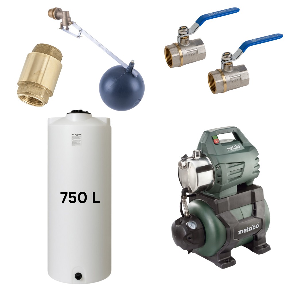 Kit „Drinking water 750L“ with water tank Mavil (white, cylindrical) and hydrophore pump Metabo | Drinking water storage tanks / Potable water tanks |  |