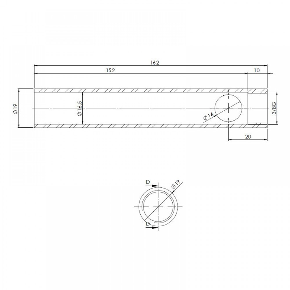 Tube for pellet stove igniter, Diameter 19mm, Length 162mm, Thread 3/8