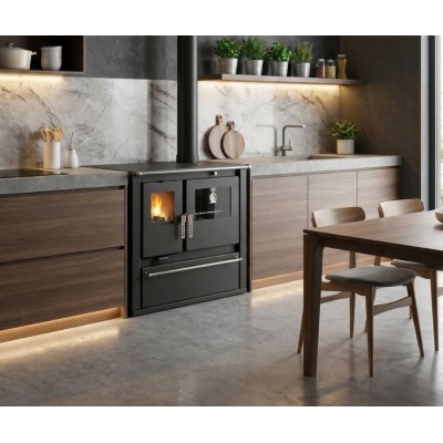 Wood cooker stove Verso CS Plus with stainless steel oven and ceramic hob, Black, Right, 7.7kW - Wood Cooker Stoves