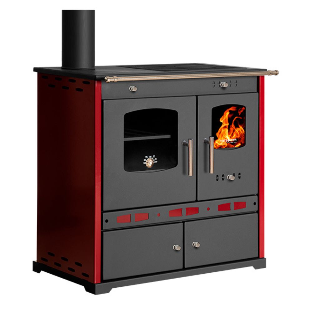 Wood cooker stove Prometey Perfect Eco Lux with left flue, burgundy, 7.5kW | Wood Burning Stoves With Oven | Wood Burning Stoves |