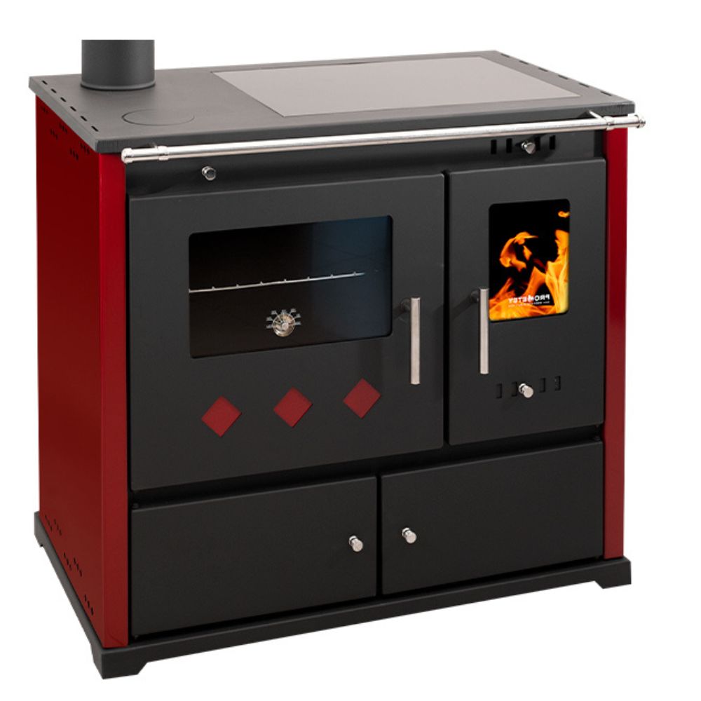 Wood cooker stove Prometey Perfect Practik Lux with ceramic hob, left flue, burgundy, 9.5kW | Wood Burning Stoves With Oven | Wood Burning Stoves |