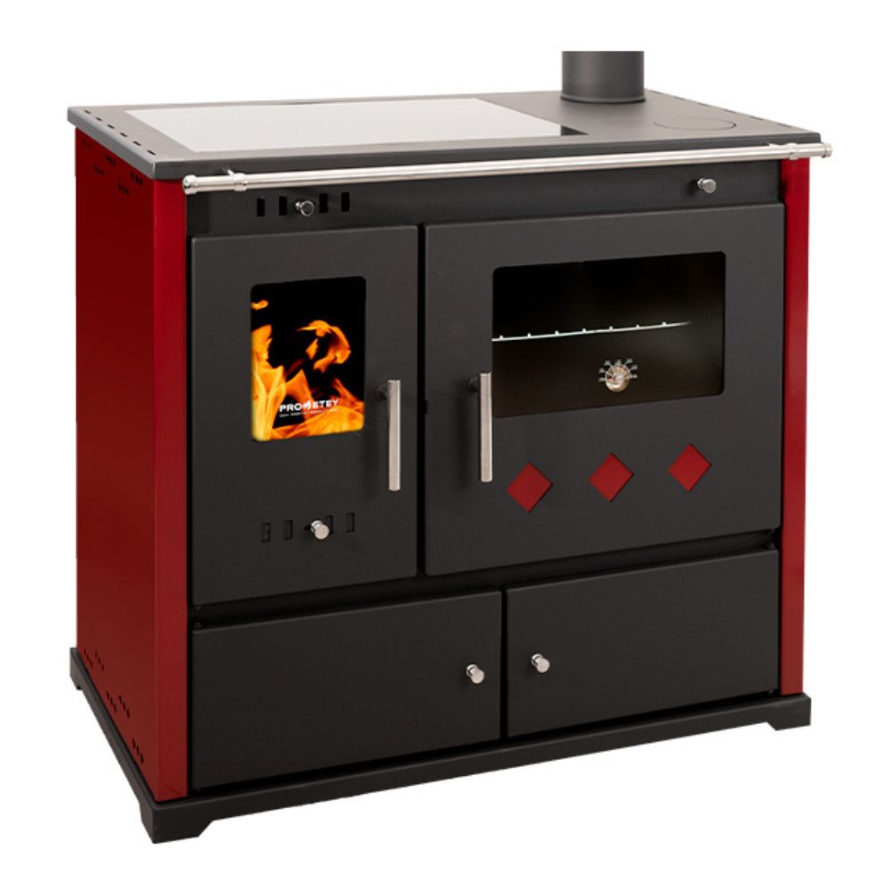 Wood cooker stove Prometey Perfect Practik Lux with ceramic hob, right flue, burgundy, 9.5kW | Wood Burning Stoves With Oven | Wood Burning Stoves |