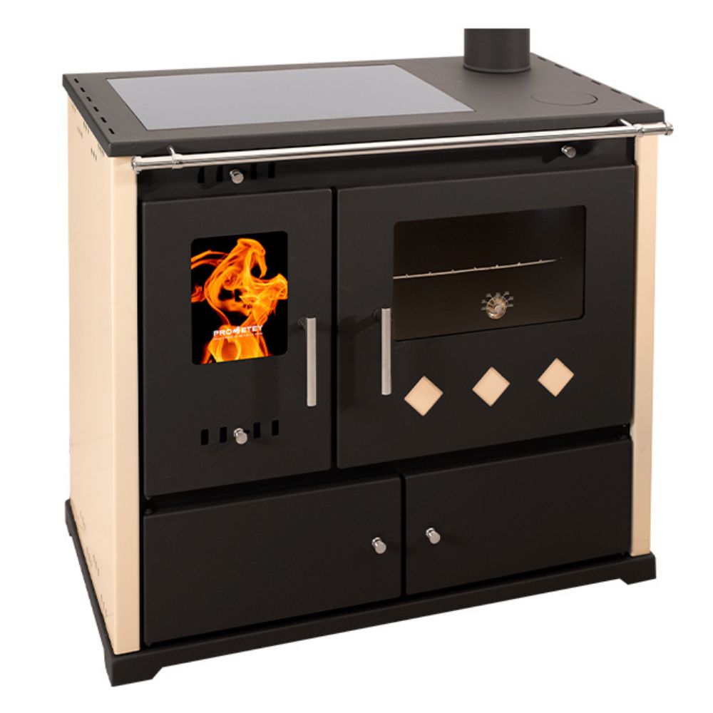 Wood cooker stove Prometey Perfect Practik Lux with ceramic hob, right flue, ivory, 9.5kW | Wood Burning Stoves With Oven | Wood Burning Stoves |