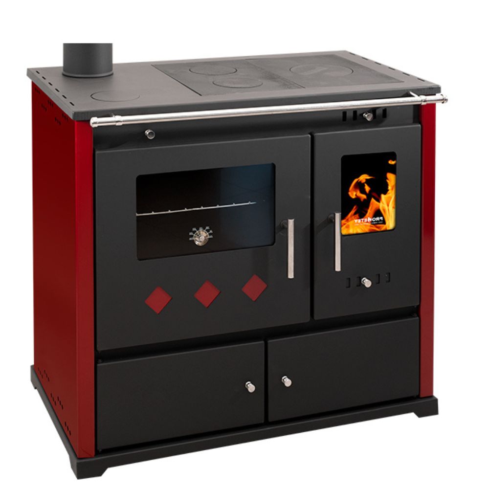 Wood cooker stove Prometey Perfect Practik Lux with left flue, burgundy, 9.5kW | Wood Burning Stoves With Oven | Wood Burning Stoves |