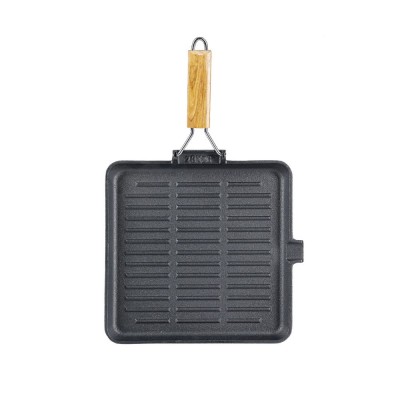 Cast iron grill pan with foldable wooden handle, 24x24 cm - Cast iron grill pan