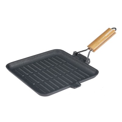 Cast iron grill pan with foldable wooden handle, 24x24 cm - Cast iron grill pan