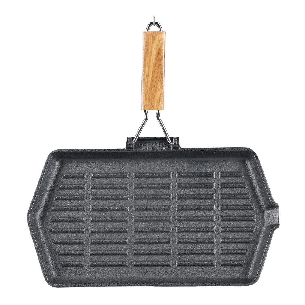 Cast iron grill pan with foldable wooden handle, 35x21 cm | Cast iron grill pan | Cast iron pan |