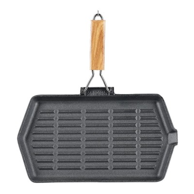 Cast iron grill pan with foldable wooden handle, 35x21 cm - Cast iron grill pan