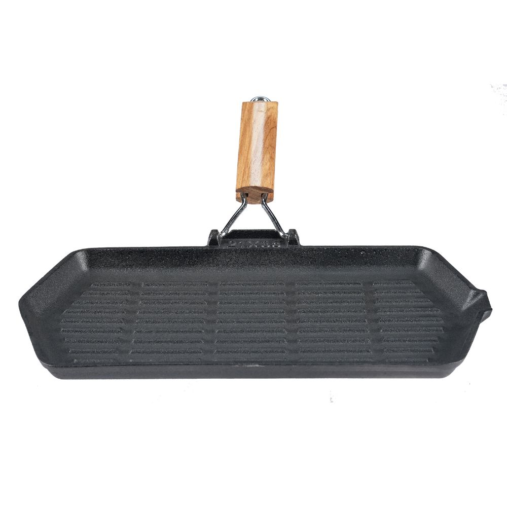 Cast iron grill pan with foldable wooden handle, 35x21 cm | Cast iron grill pan | Cast iron pan |