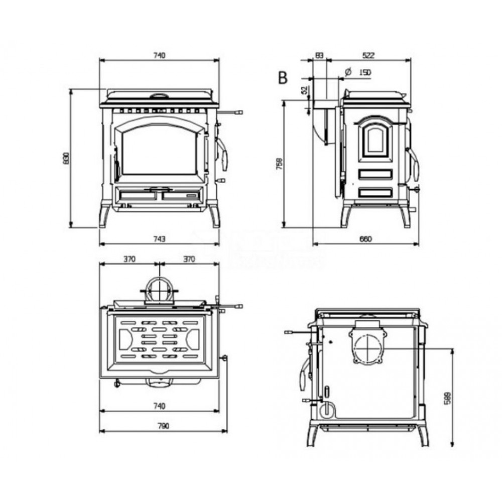 Italian cast iron wood burning stove La Nordica Isetta con cerchi EVO 4.0 with cooktop, 7.3kW |  |  |