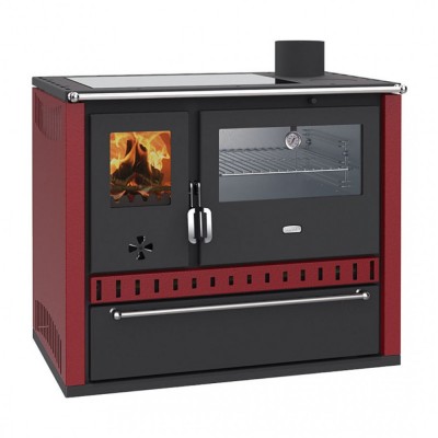 Wood burning cooker Prity GT Red, with stainless steel oven, glass ceramic hop and drawer, 15 kW - Cookers