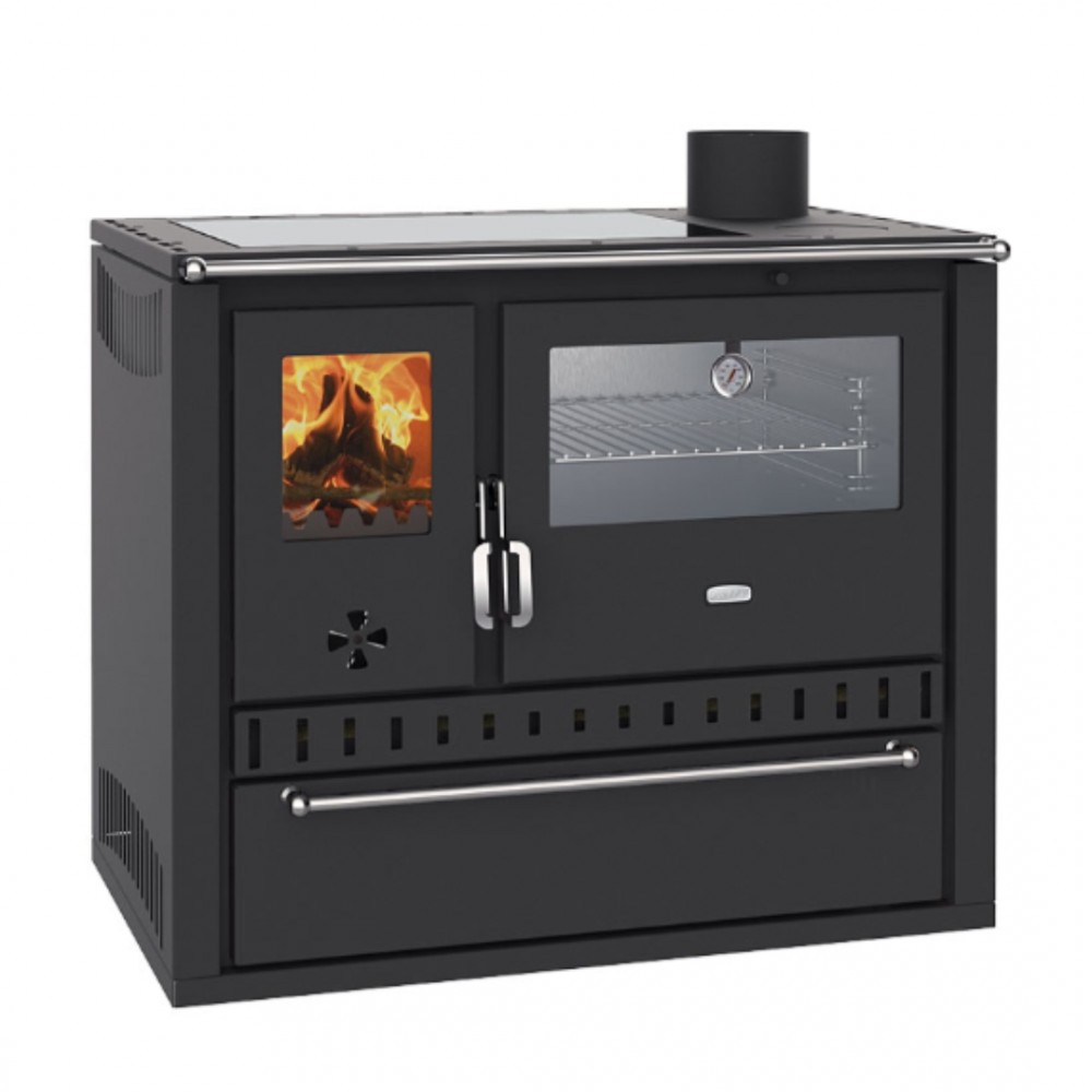 Wood burning cooker with back boiler Prity GT W10 Black, with stainless steel oven, glass ceramic hob and drawer 13.3 kW | Cookers | Wood |