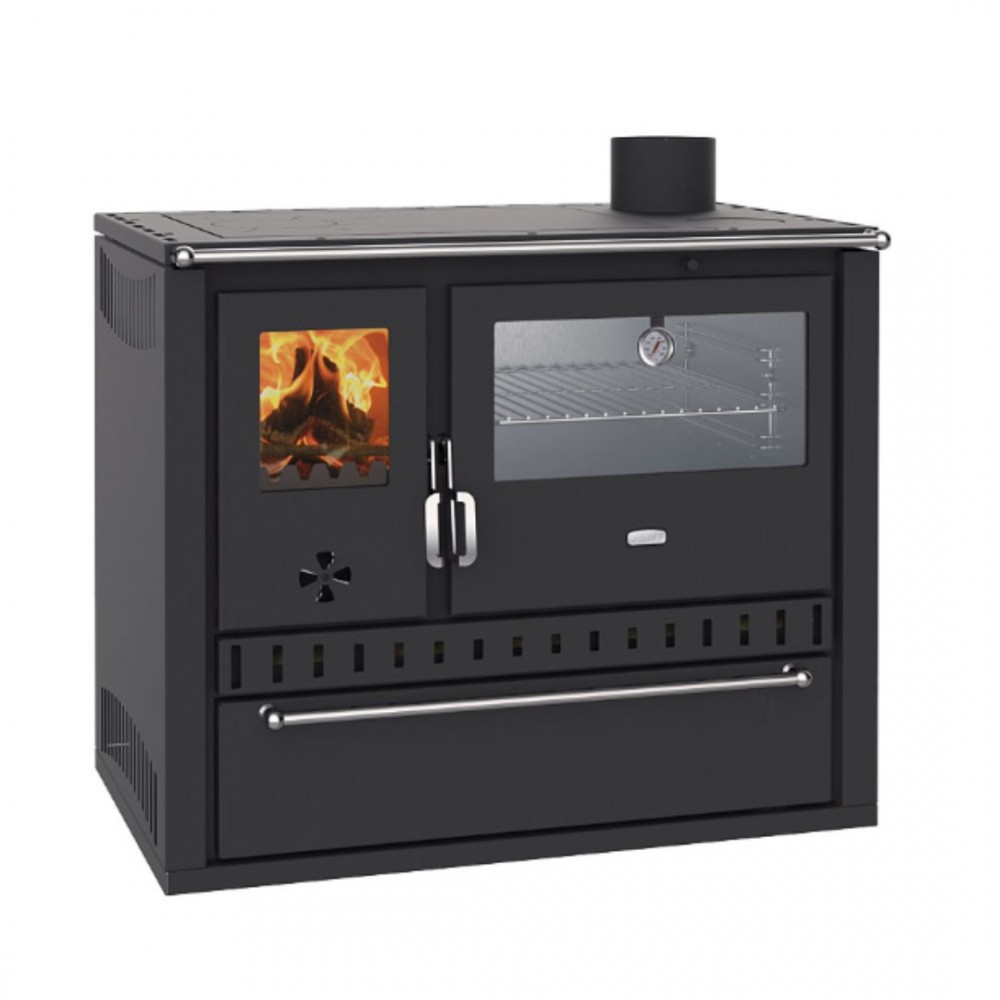 Wood burning cooker with back boiler Prity GT W10 Black, with stainless steel oven, steel hob and drawer, 13.3 kW | Cookers | Wood |
