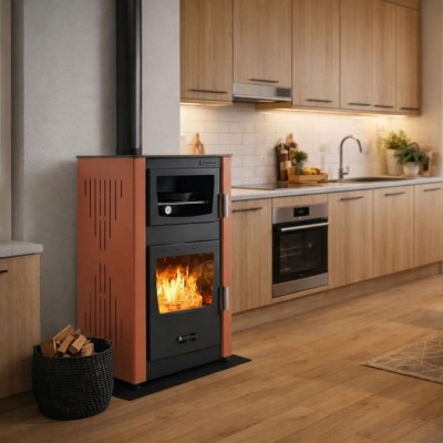 Wood burning stove with back boiler and oven Velmora Fire ATS HYDRO ΜΑSΙΝΑ 90-25 terracotta, 25kW - Wood Burning Stoves With Oven