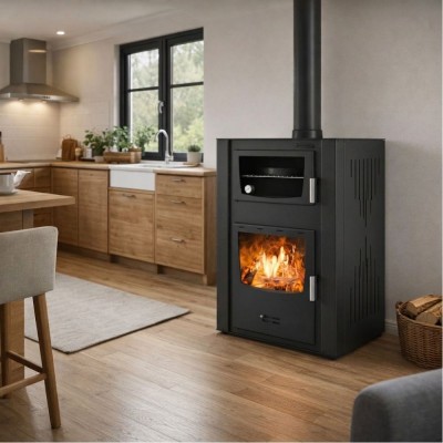 Wood burning stove with back boiler and oven Velmora Fire ATS HYDRO ΜΑSΙΝΑ 90-30 black, 35kW - Wood Burning Stoves With Oven