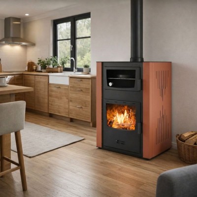 Wood burning stove with back boiler and oven Velmora Fire ATS HYDRO ΜΑSΙΝΑ 90-30 terracotta, 35kW - Wood Burning Stoves With Oven