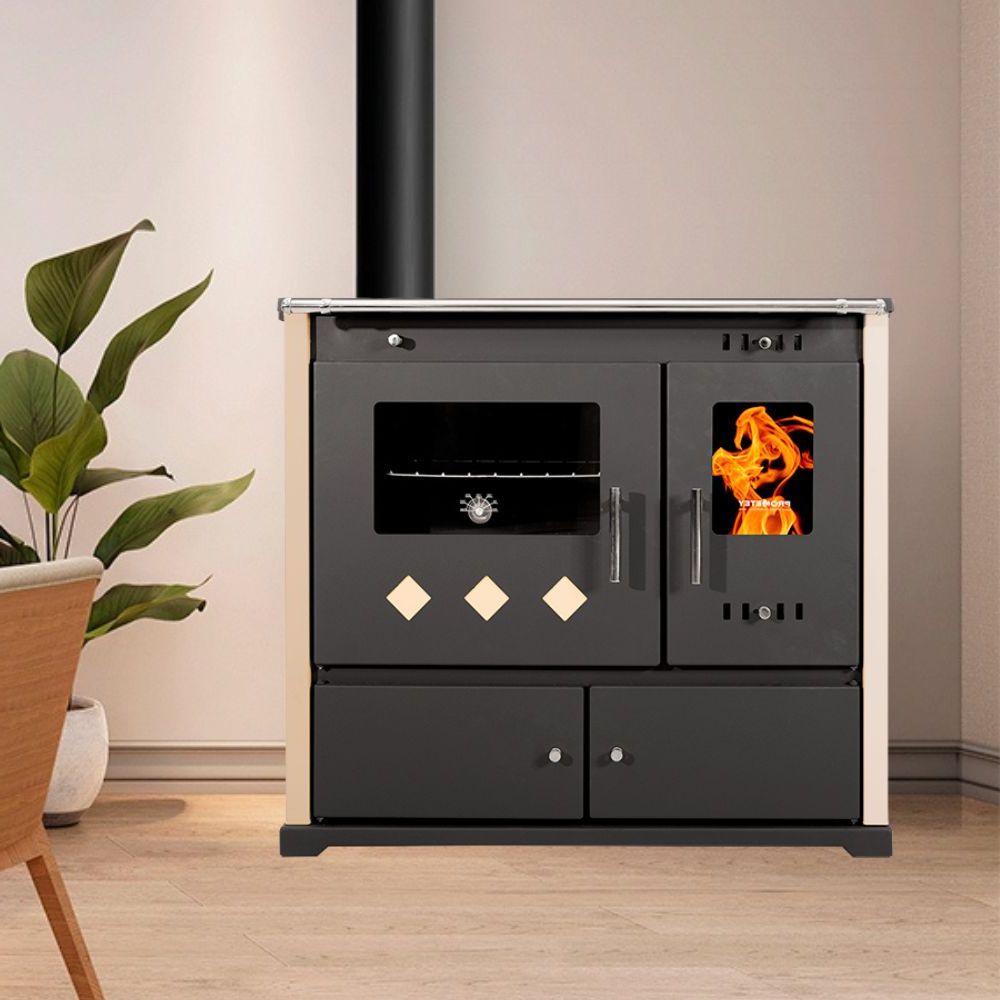 Wood cooker stove Prometey Perfect Practik Lux, ivory, left flue, 9.5kW | Wood Burning Stoves With Oven | Wood Burning Stoves |