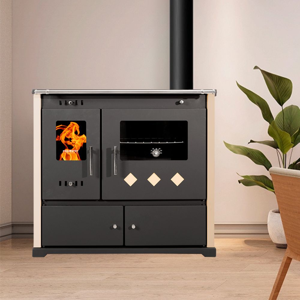 Wood cooker stove Prometey Perfect Practik Lux with ceramic hob, right flue, ivory, 9.5kW | Wood Burning Stoves With Oven | Wood Burning Stoves |
