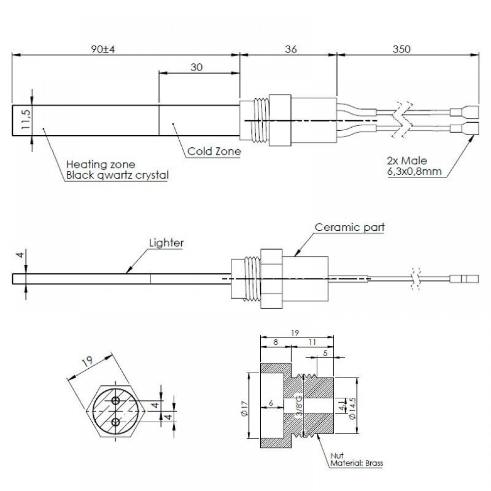 Low-voltage heating element for pellet stoves, total length 126mm, 120W to 24V | Igniters / Resistors | Pellet Stove Parts |