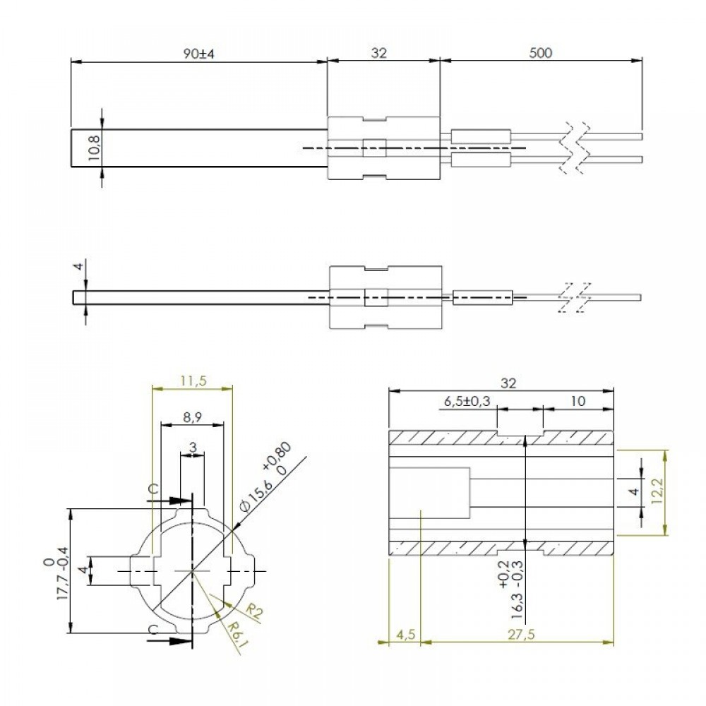 Low-voltage heating element for pellet stoves, total length 122mm, 120W to 24V | Igniters / Resistors | Pellet Stove Parts |