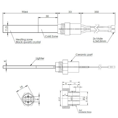 Igniter / Heating element with black quartz crystal for pellet stoves Ferroli, Eco Spar, BURNiT and others, total length 123mm, 300W - Igniters / Resistors for Pellet Stoves