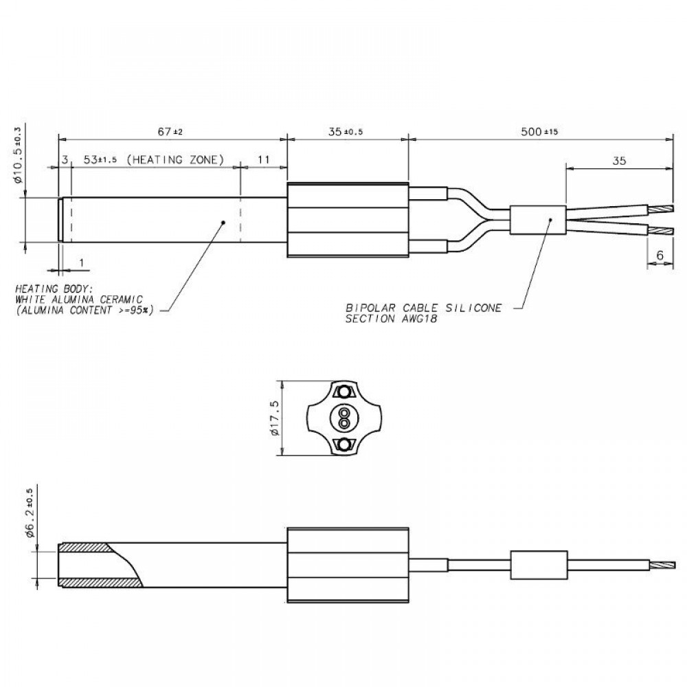 Ceramic heating element for pellet stoves, total length 102mm, 250W | Igniters / Resistors | Pellet Stove Parts |