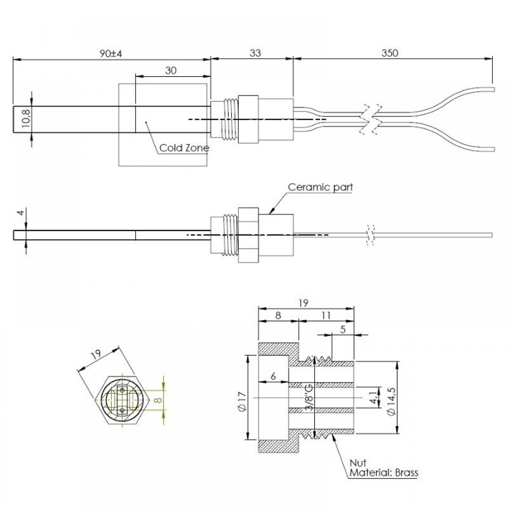Low-voltage heating element for pellet stoves, total length 123mm, 120W to 24V | Igniters / Resistors | Pellet Stove Parts |