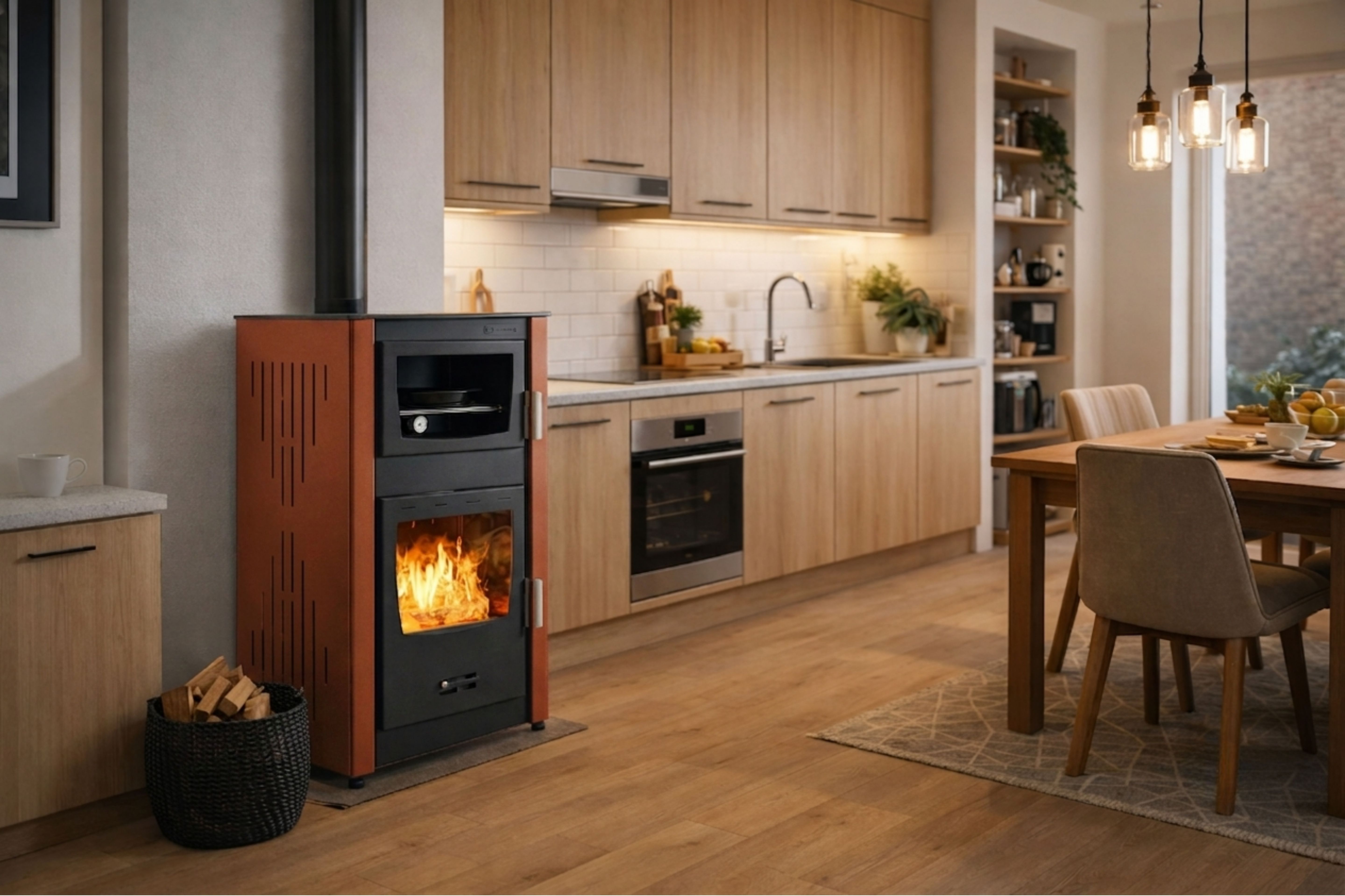 Wood-burning fireplace with oven and water jacket