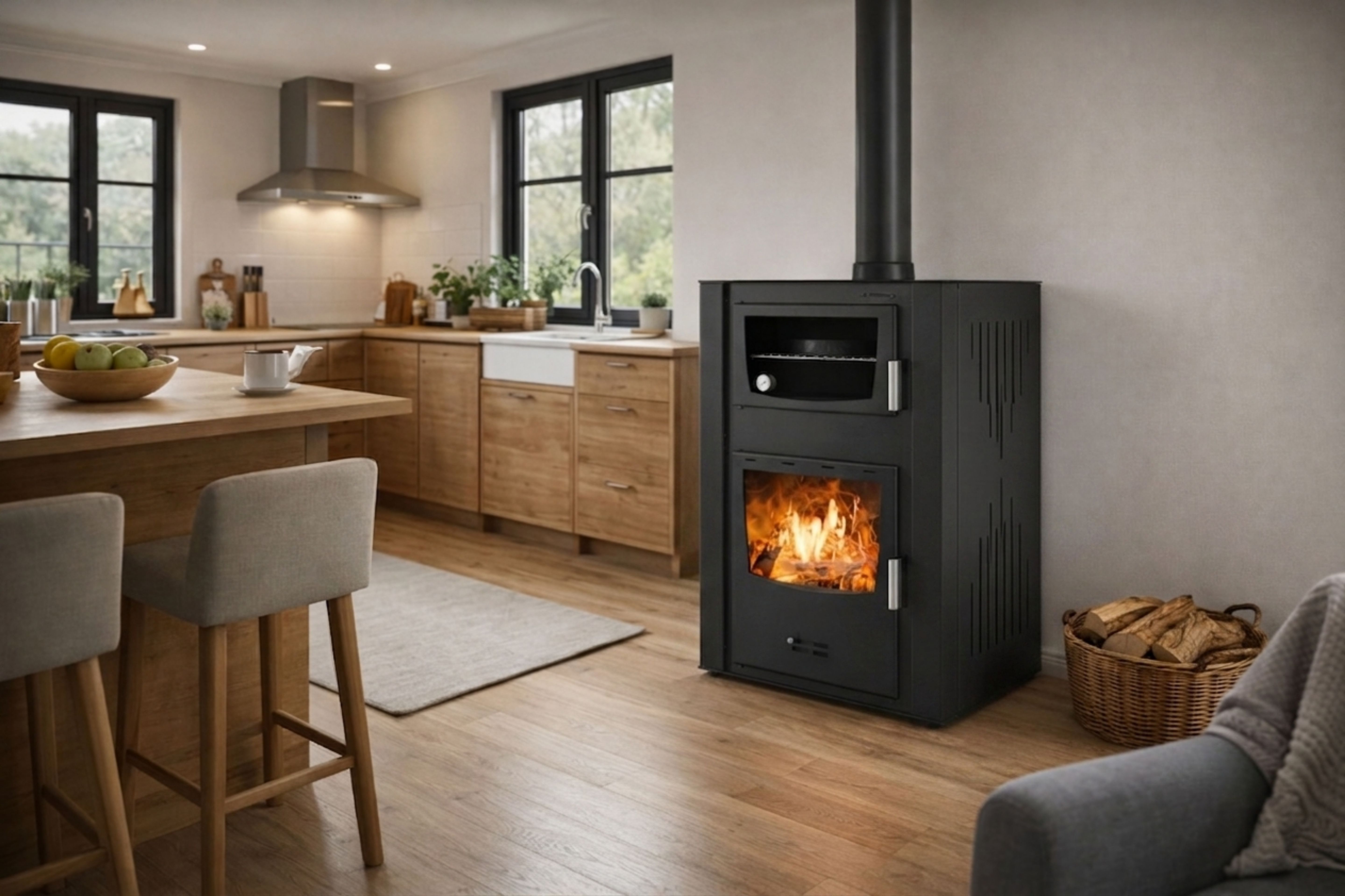Wood-burning fireplace with oven and water jacket